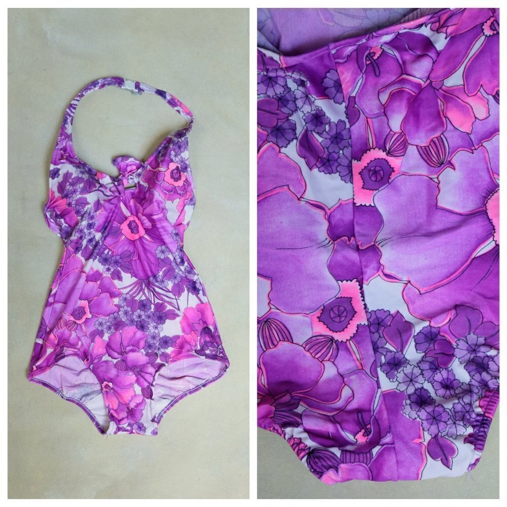 Vintage  Floral one Piece Halter Swimsuit